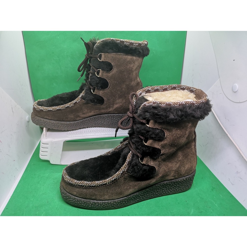 Woodbridge Brown Suede Leather Faux Fur Trim Boho Wedge Heel Ankle Boots Sz 8 39